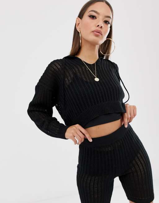 ASOS DESIGN - Felpa con cappuccio molto corta in rete e in coordinato