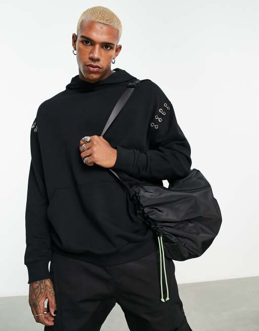 ASOS DESIGN - Felpa con cappuccio nera con stampa di piercing