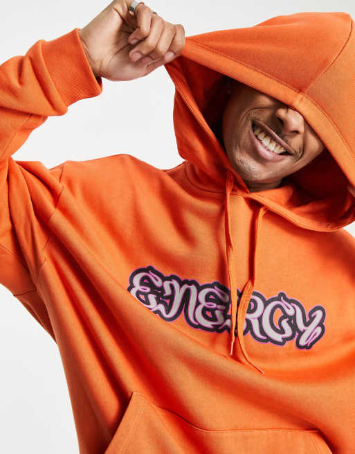 ASOS DESIGN - Felpa con cappuccio oversize arancione con scritta "Energy" stampata in coordinato, 4 di 4
