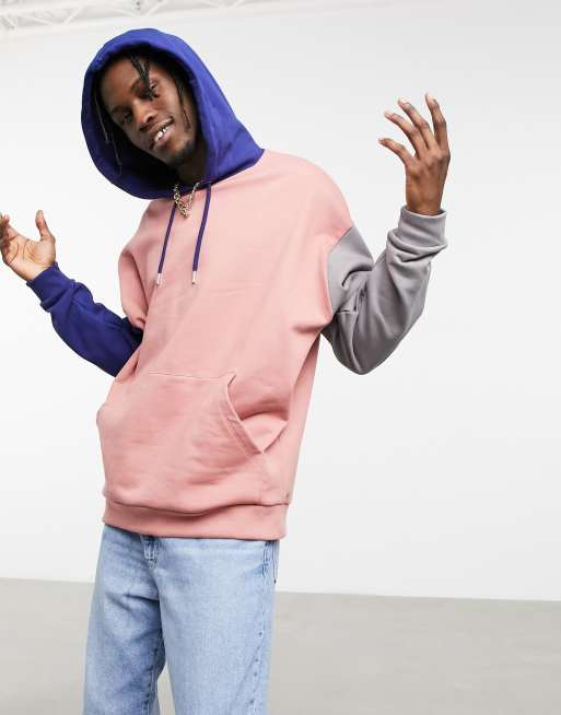 ASOS DESIGN - Felpa con cappuccio oversize color block rosa - PINK