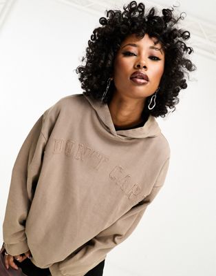 ASOS DESIGN oversized hoodie with don't care applique graphic in taupe - ASOS Price Checker