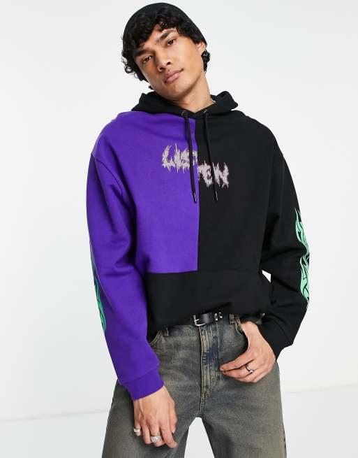 ASOS DESIGN Felpa con cappuccio oversize colorblock viola e nera con stampa stile tatuaggio