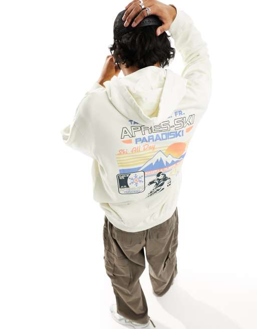 ASOS DESIGN - Felpa con cappuccio oversize con stampa di sci sul retro, colore beige