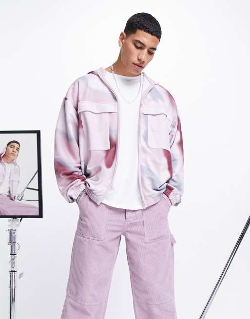 ASOS DESIGN - Felpa con cappuccio oversize con stampa spray tasche sul petto e zip