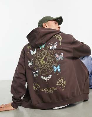 ASOS DESIGN - Felpa con cappuccio oversize con zip e stampa di farfalle sul retro marrone