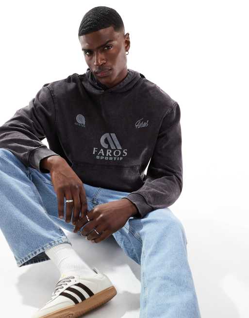 ASOS DESIGN - Felpa con cappuccio oversize grigio lavaggio acido con stampa frontale sul petto