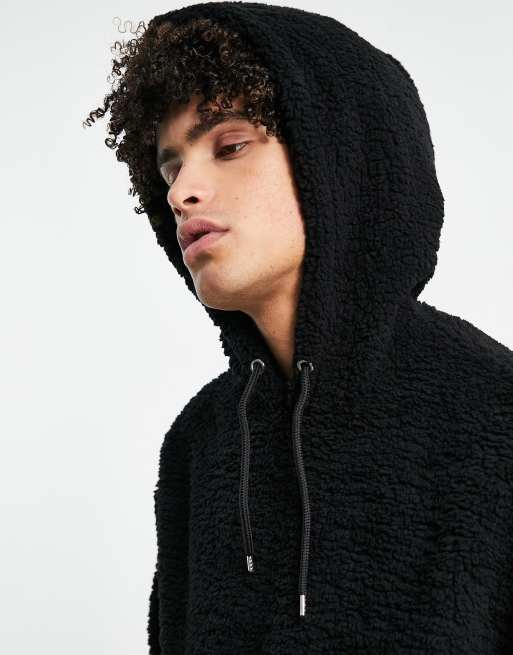 ASOS DESIGN - Felpa con cappuccio oversize in pile borg teddy nera, 3 di 4