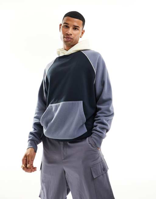 ASOS DESIGN - Felpa con cappuccio oversize in pile tecnico blu denim con blocchi di colore