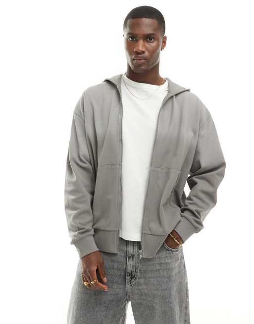 ASOS DESIGN - Felpa con cappuccio oversize in piqué grigio slavato con zip