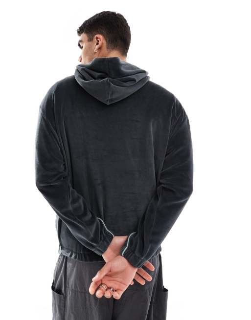ASOS DESIGN - Felpa con cappuccio oversize in velour grigio scuro con cuciture a contrasto, 3 di 4
