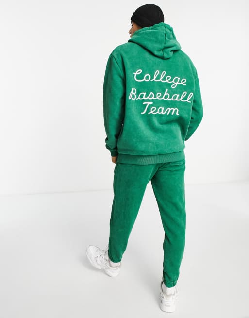 ASOS DESIGN - Felpa con cappuccio oversize lavaggio verde vintage con ricamo stile college sul retro in coordinato