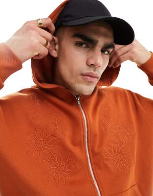 ASOS DESIGN - Felpa con cappuccio oversize marrone con ricamo floreale e zip