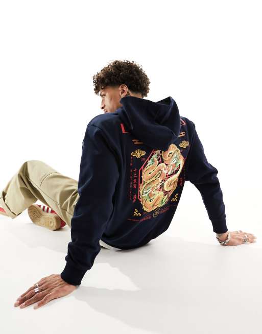 ASOS DESIGN - Felpa con cappuccio oversize nera con stampa stile souvenir sul retro