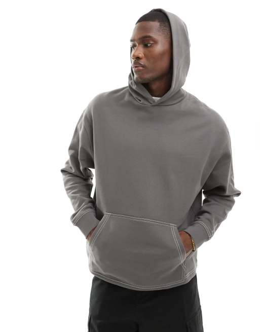 ASOS DESIGN - Felpa con cappuccio oversize nero slavato con cuciture a contrasto