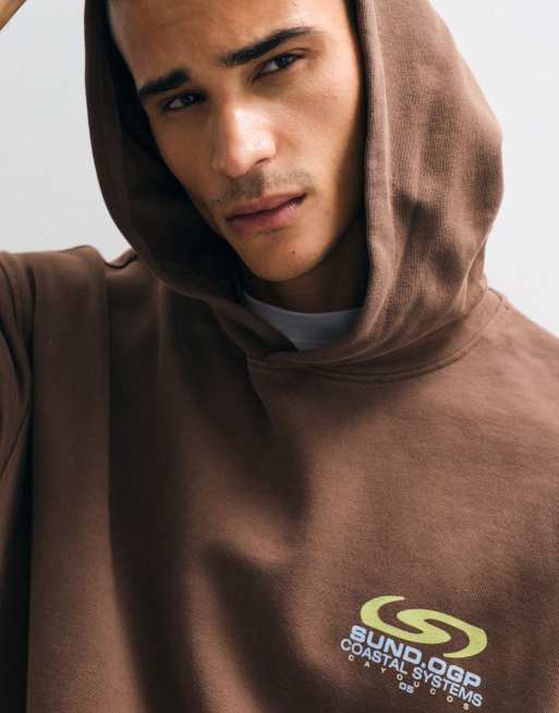 ASOS DESIGN felpa con cappuccio oversize pesante con grafica in marrone slavato, 3 di 5