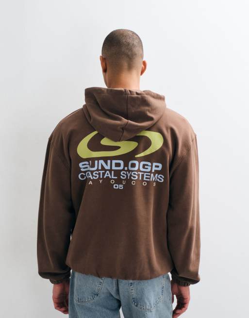ASOS DESIGN felpa con cappuccio oversize pesante con grafica in marrone slavato, 4 di 5