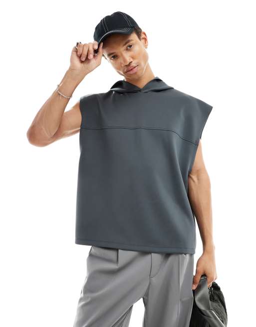 ASOS DESIGN - Felpa con cappuccio oversize senza maniche in tessuto scuba antracite