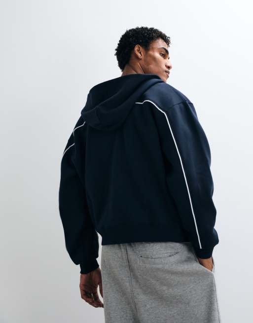 ASOS DESIGN felpa con cappuccio oversize squadrata con zip e profili a contrasto in misto cotone navy, 3 di 5