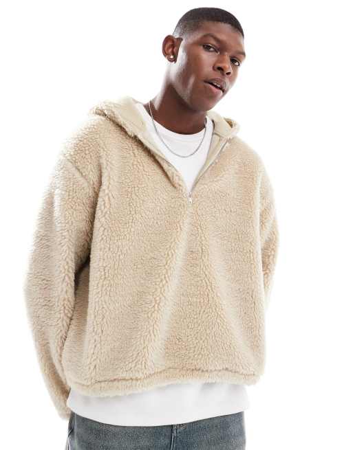ASOS DESIGN - Felpa con cappuccio oversize squadrata in pile borg beige con zip corta