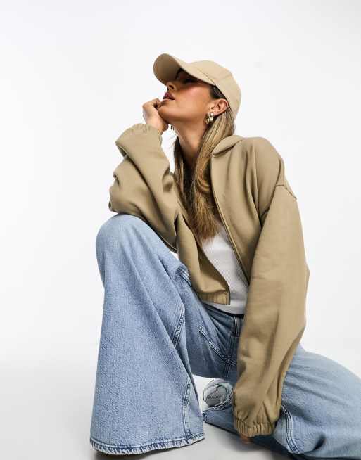 ASOS DESIGN - Felpa con cappuccio oversize taglio corto con zip color talpa