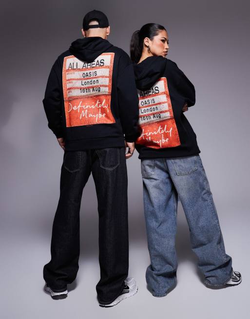 ASOS DESIGN - Felpa con cappuccio oversize unisex nera con stampe "Oasis" su licenza, 3 di 4