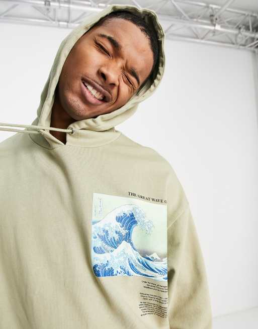 ASOS DESIGN - Felpa con cappuccio oversize verde chiaro con stampa The Great Wave Off Kanagawa