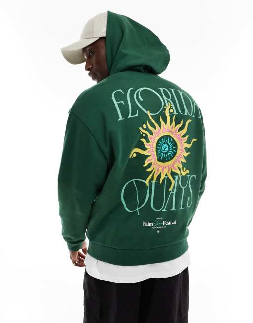 ASOS DESIGN - Felpa con cappuccio oversize verde scuro con stampa di sole sul retro