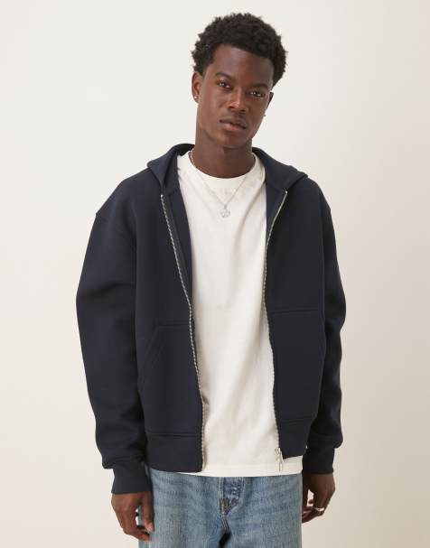 ASOS DESIGN - Felpa con cappuccio pesante squadrata comoda in tessuto effetto scuba blu navy con zip - view 1