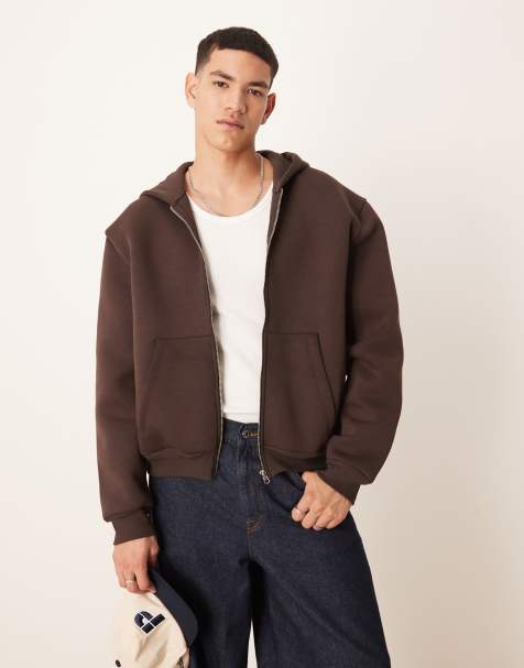 ASOS DESIGN - Felpa con cappuccio pesante squadrata oversize marrone con zip in tessuto stile scuba - view 1