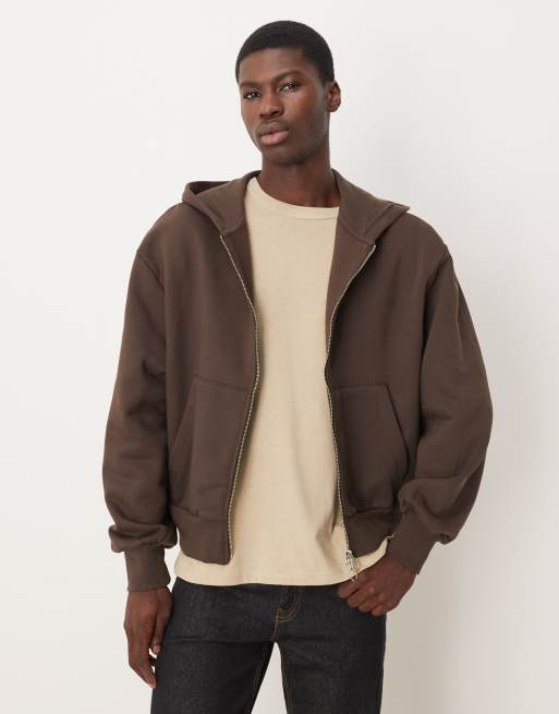 ASOS DESIGN - Felpa con cappuccio premium squadrata oversize pesante marrone con zip