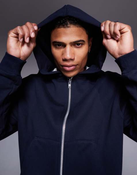 ASOS DESIGN - Felpa con cappuccio premium squadrata pesante 400 gsm taglio corto blu navy con zip - view 1