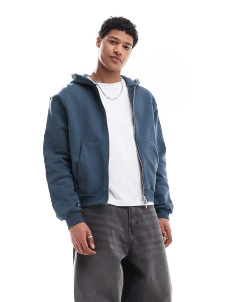 ASOS DESIGN - Felpa con cappuccio premium taglio corto squadrata pesante 400 gsm con zip grigia - view 1