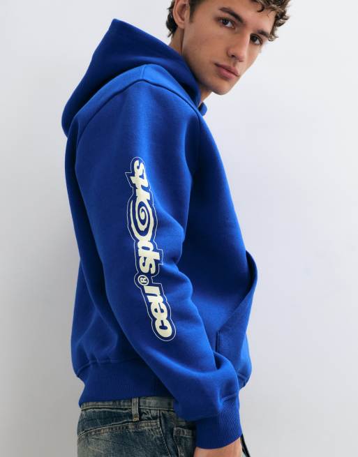 ASOS DESIGN felpa con cappuccio relaxed e squadrata con stampa blu, 4 di 5