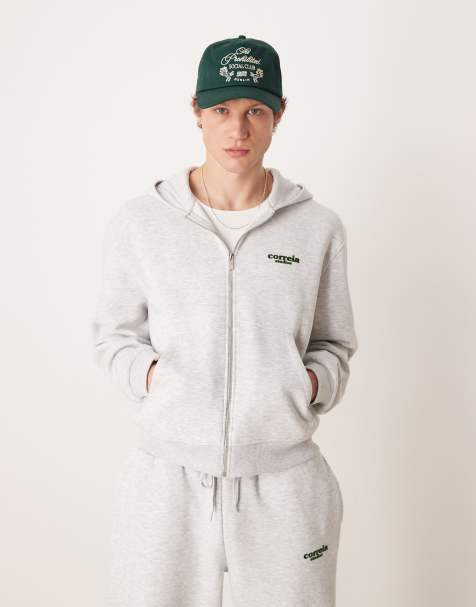 ASOS DESIGN - Felpa con cappuccio squadrata comoda grigio mélange con zip e stampa sul petto - view 1