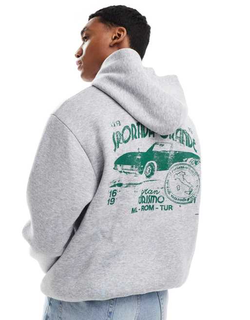 ASOS DESIGN - Felpa con cappuccio squadrata grigia con stampa di automobile, 3 di 4