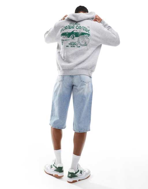 ASOS DESIGN - Felpa con cappuccio squadrata grigia con stampa di automobile, 4 di 4