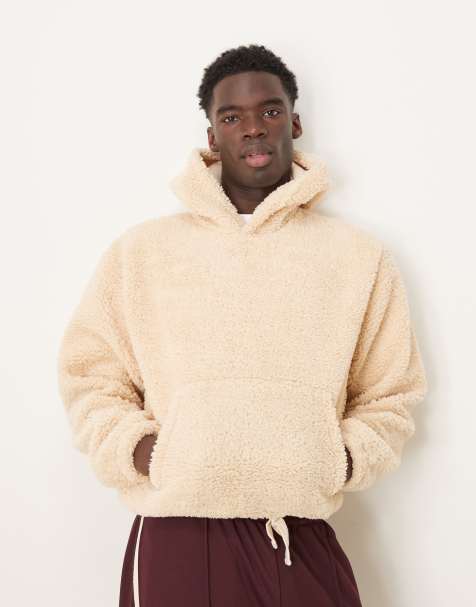 ASOS DESIGN - Felpa con cappuccio squadrata oversize in pile borg écru - view 1
