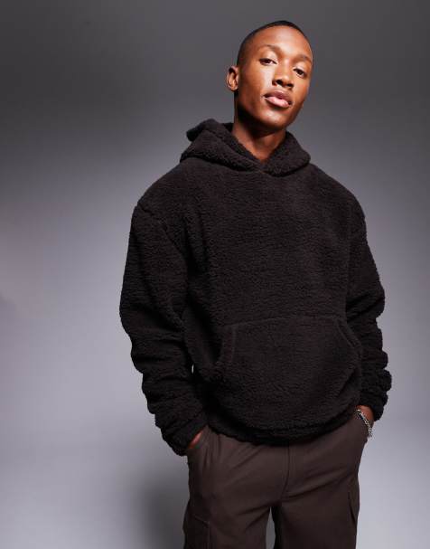 ASOS DESIGN - Felpa con cappuccio squadrata oversize in pile borg marrone - view 1