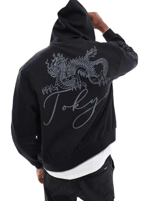 ASOS DESIGN - Felpa con cappuccio squadrata oversize nera con stampa di dragone e zip
