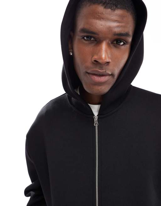 ASOS DESIGN - Felpa con cappuccio squadrata oversize nera in tessuto effetto scuba con zip, 2 di 4