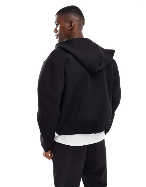 ASOS DESIGN - Felpa con cappuccio squadrata oversize nera in tessuto effetto scuba con zip, 3 di 4