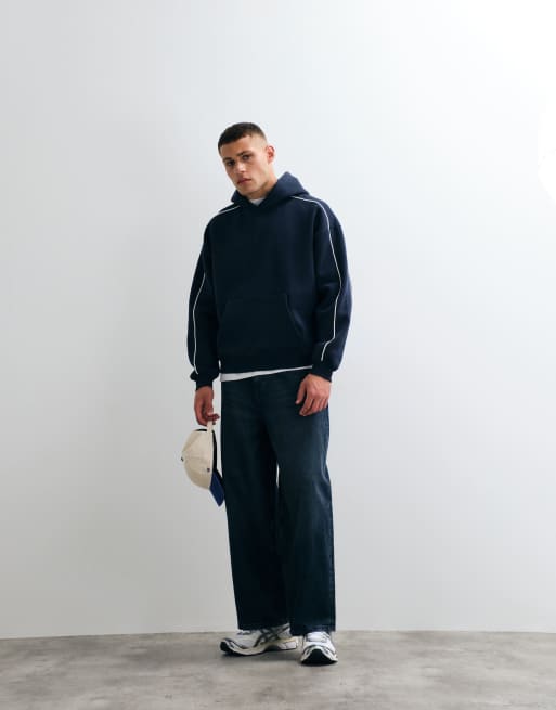ASOS DESIGN - Felpa con cappuccio squadrata super oversize blu navy con stampa e profili, 4 di 5