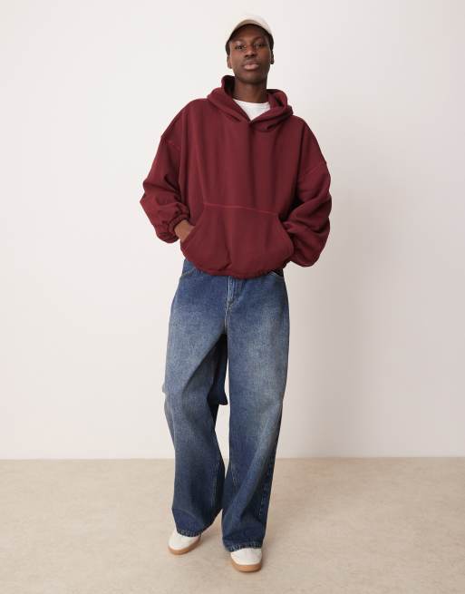 ASOS DESIGN - Felpa con cappuccio squadrata super oversize bordeaux con pannelli sotto le braccia, 2 di 4
