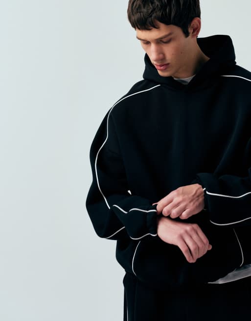ASOS DESIGN - Felpa con cappuccio squadrata super oversize nera con profili a contrasto in coordinato, 3 di 5