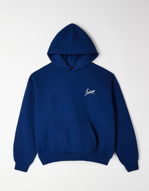 ASOS DESIGN - Felpa con cappuccio super oversize blu con scritta sul davanti e sul retro, 2 di 5