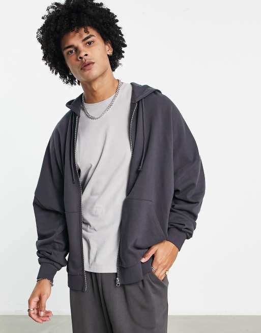 ASOS DESIGN - Felpa con cappuccio super oversize con cerniera lampo nero slavato