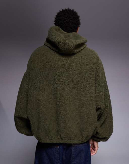ASOS DESIGN - Felpa con cappuccio super oversize in pile verde scuro con collo a imbuto e zip, 3 di 5