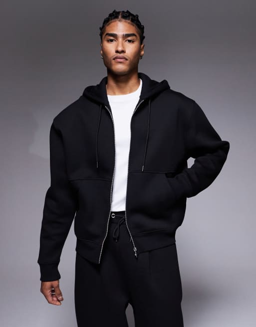 ASOS DESIGN - Felpa con cappuccio taglio corto pesante comoda nera con zip in tessuto effetto scuba 