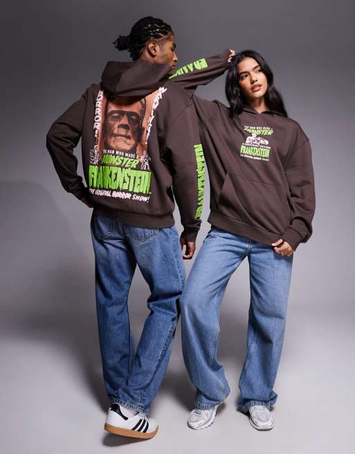 ASOS DESIGN - Felpa con cappuccio unisex comoda marrone con stampa Frankenstein, 2 di 4