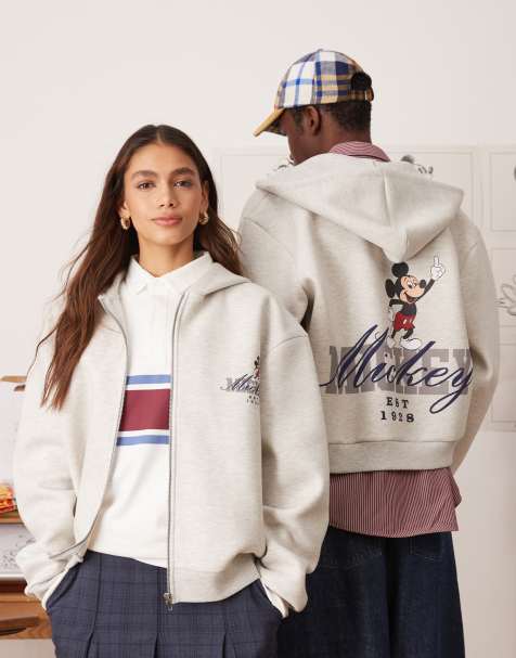 ASOS DESIGN - Felpa con cappuccio unisex squadrata oversize in tessuto scuba grigio mélange con stampa di Topolino - view 1